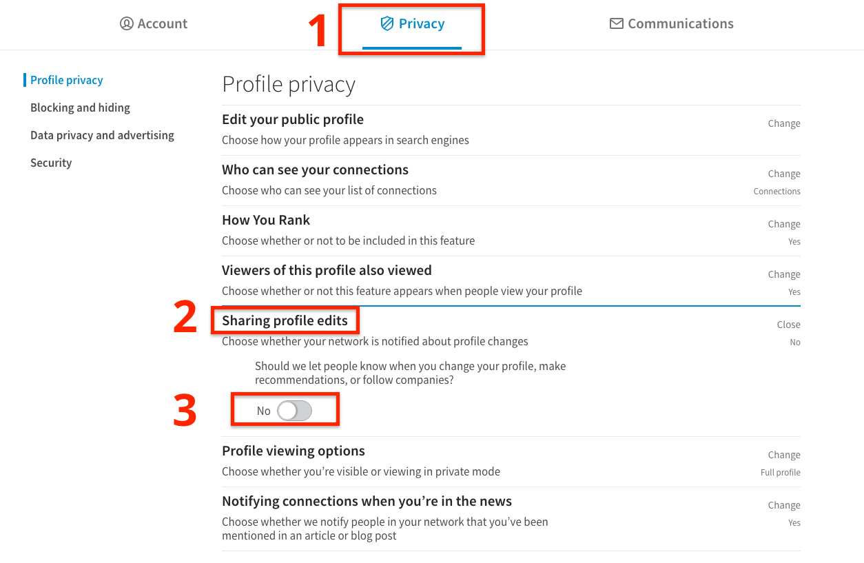 make linkedin profile edits private